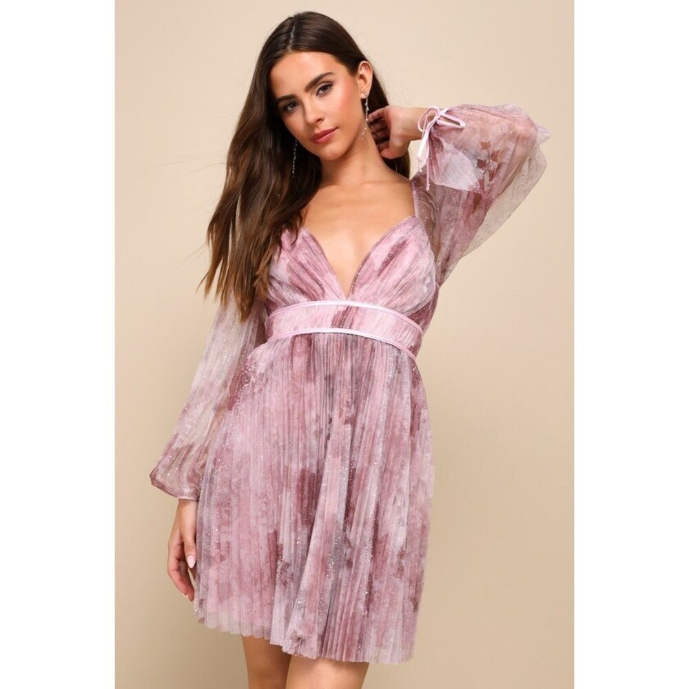 Lulus Bubbly Impression Mauve Floral Print Mesh Pleated Mini Dress Purple